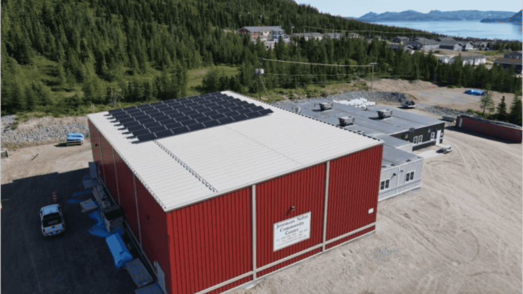 Solar panels over Jeremias Sillitt Community Centre, Nain, Newfoundland and Labrador.